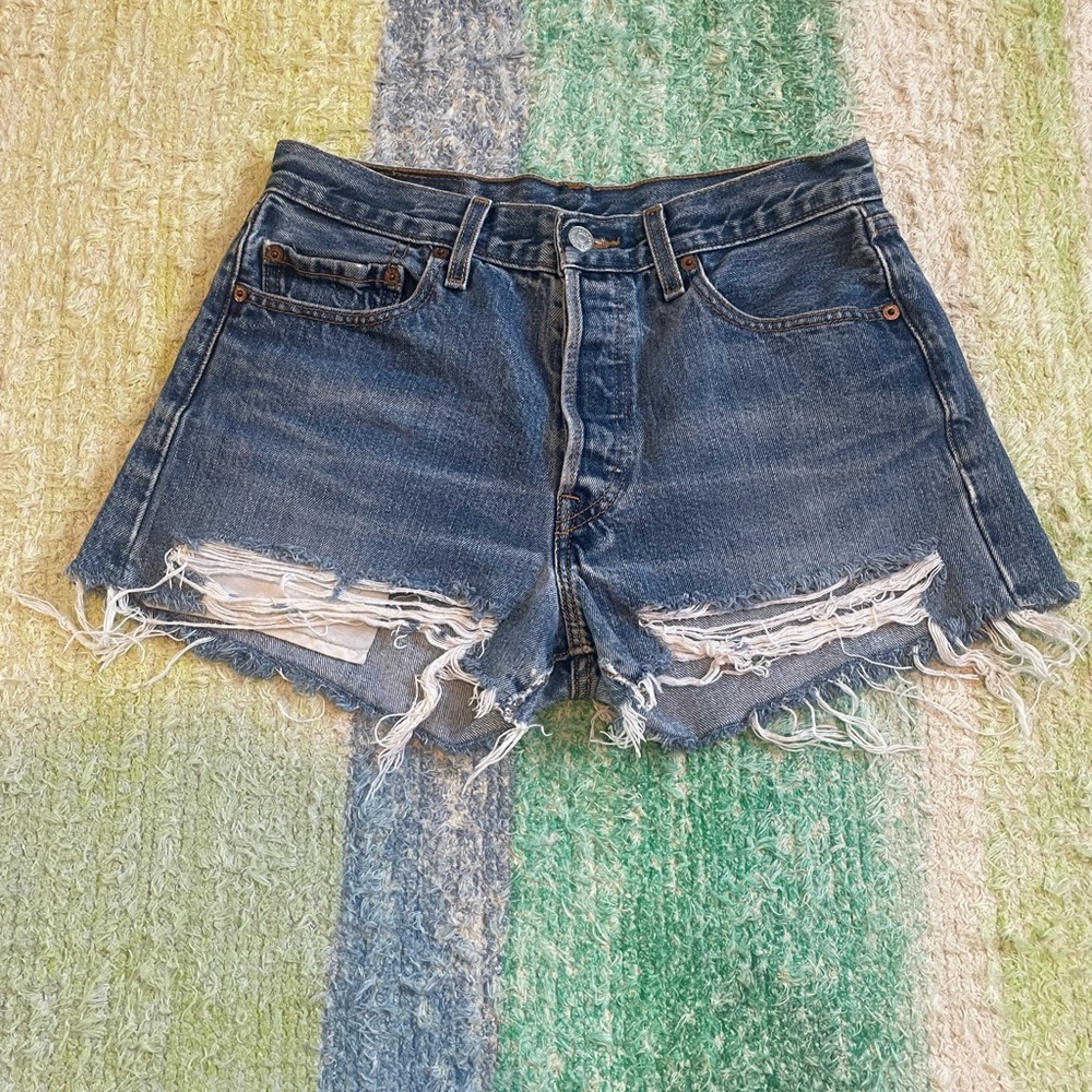 Levi’s 501 Mid-Wash Denim Shorts with Raw/Distressed Hems